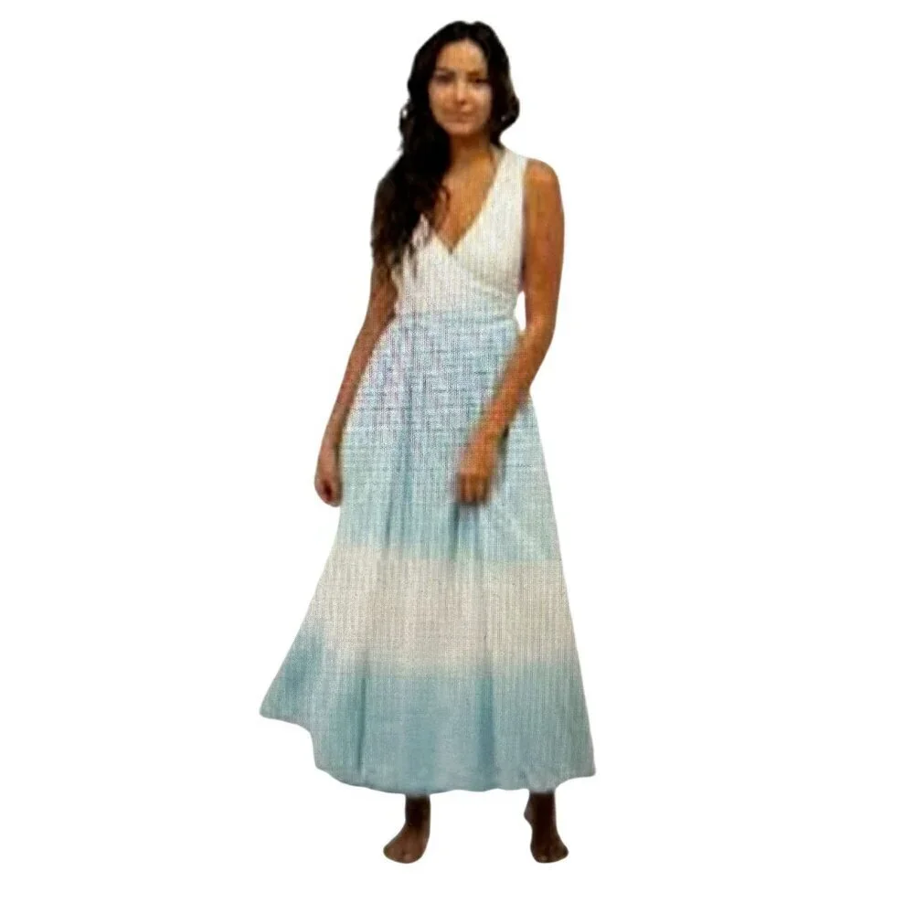 Beau & Ro Womens Ombre Blue & White Sleeveless Wrap Midi Dress Cotton Blend
